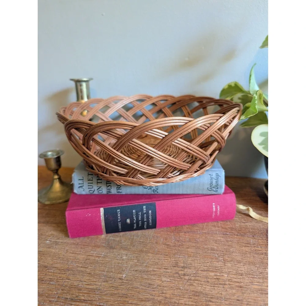 Vintage Round Wicker Basket Open Weave Lattice Decorative Bowl Boho Farmhouse